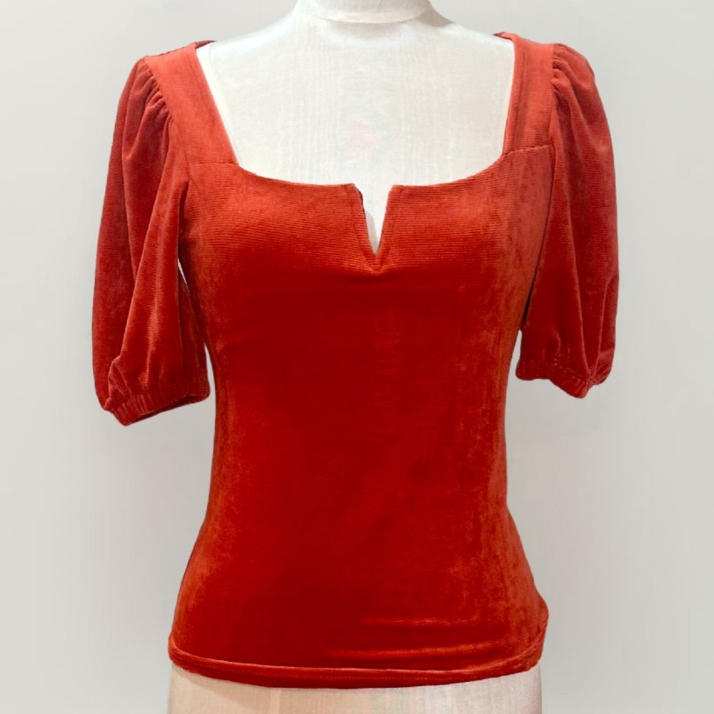 Velour Ribbed Top Corset Style neckline in Flame Orange